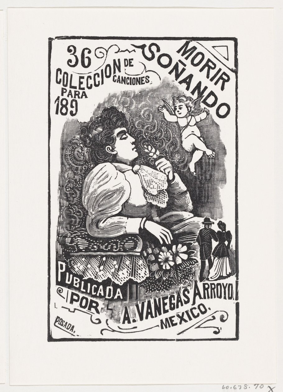 Profil einer Frau, die in einem Stuhl sitzt, den Kopf zurücklehnt und eine Blume hält, ca. 1890 von José Guadalupe Posada