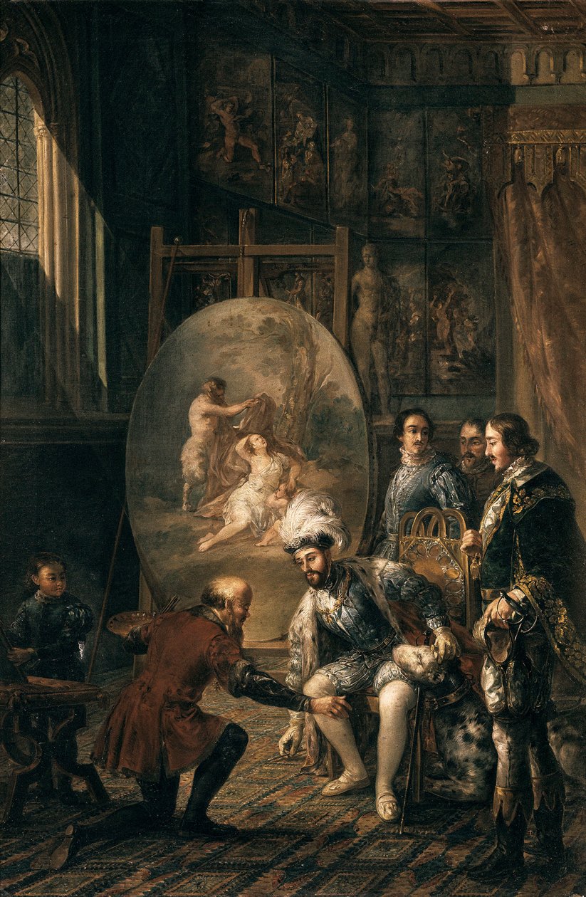 Kaiser Karl V. hebt den Pinsel des Malers Tiziano Vecellio auf, genannt Tizian, Hofmaler des Kaisers. Gemälde von Jose Felipe Parra (1824-1864) 19. Jahrhundert von Jose Felipe Parra