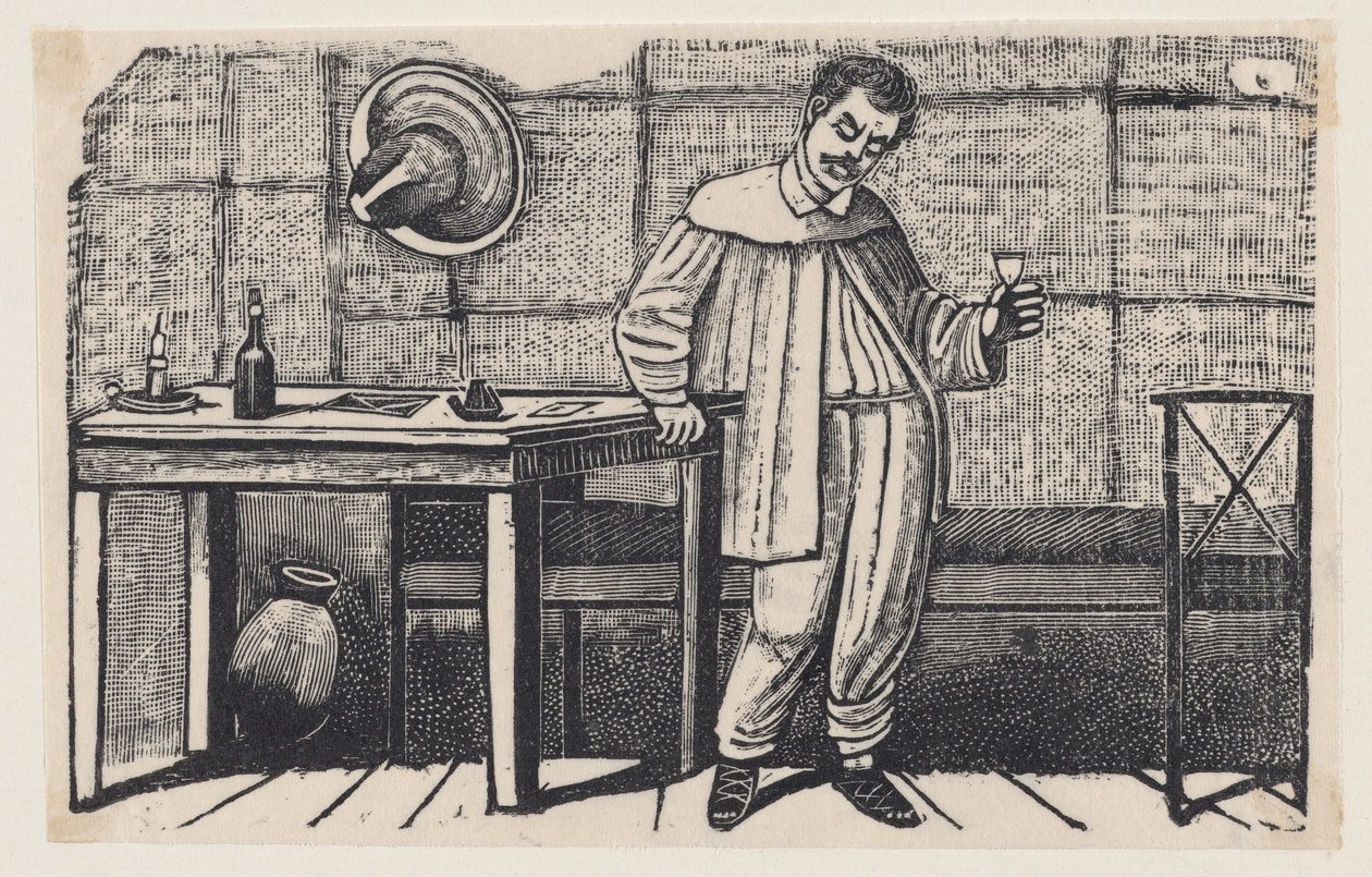 Ein Mann mit einem Glas in der Hand, der nach unten schaut und sich auf einen Tisch lehnt, eine Illustration aus 