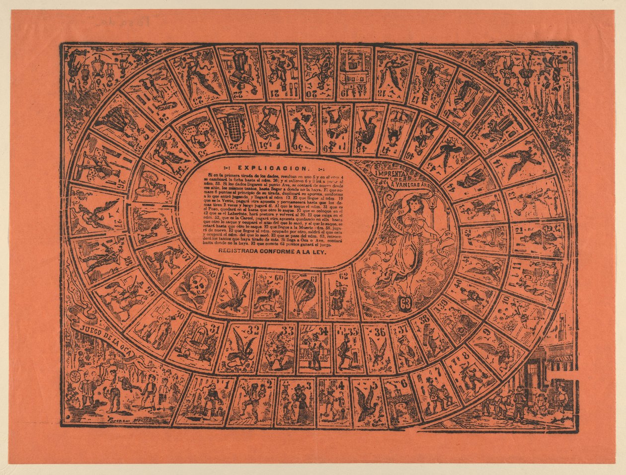 Gänsespiel (mit den Regeln in der Mitte gedruckt) von José Guadalupe Posada