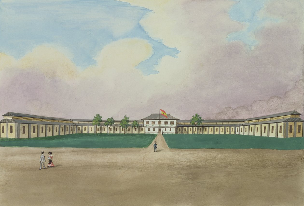 Die neue Zigarrenfabrik in Meisic, aus dem Flebus-Album der Ansichten in und um Manila, ca. 1845 von Jose Honorato Lozano