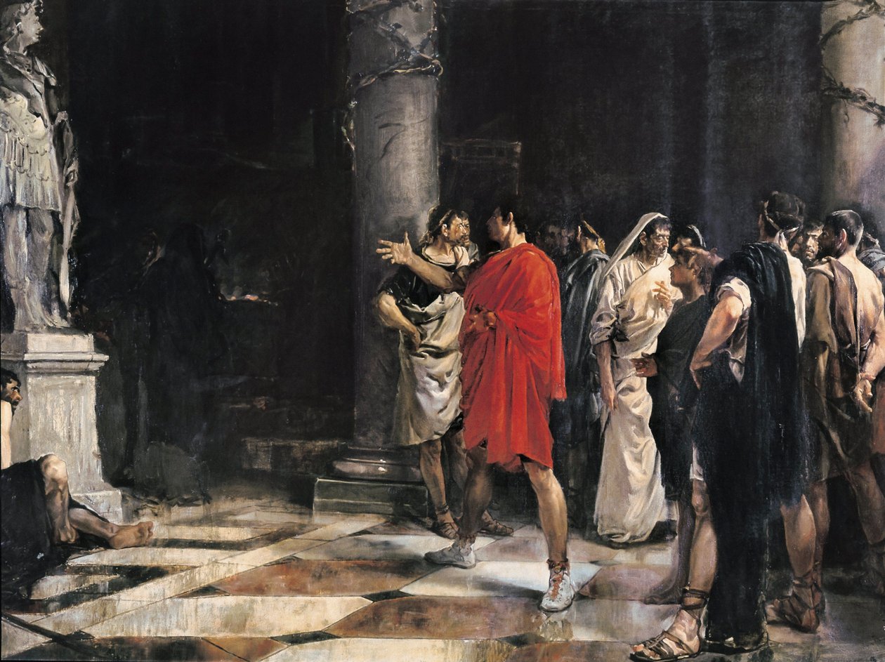 Julius Caesar vor der Statue Alexanders des Großen im Tempel des Herkules von Cadiz von Jose Morillo Ferrada