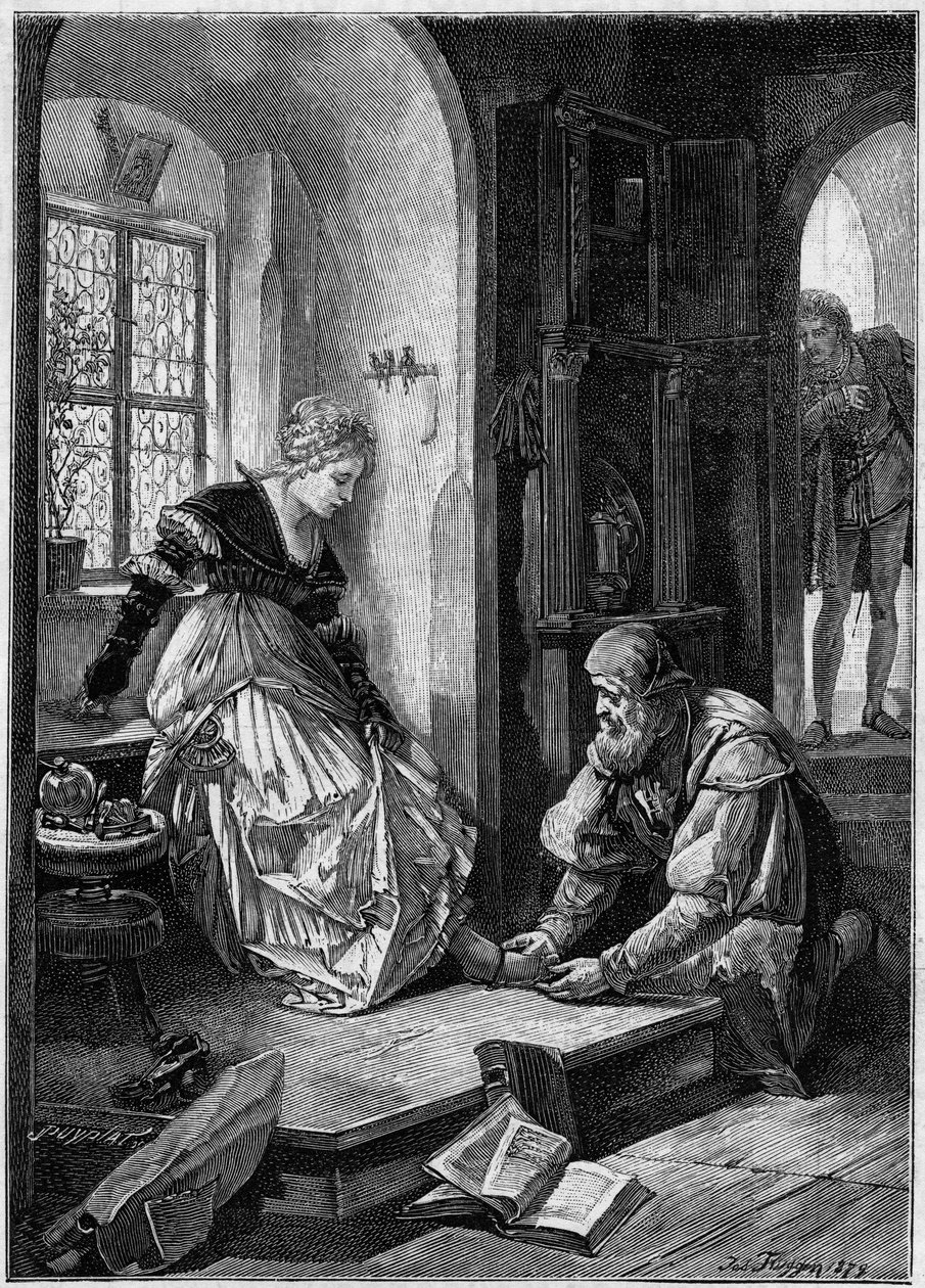 Eva in der Werkstatt von Hans Sachs (Akt III der Oper „Die Meistersinger von Nürnberg“ von Richard Wagner, geschrieben 1868) basierend auf dem Gemälde von Joseph Flüggen. Gravur in „Die illustrierte Welt“ von Josef Fluggen