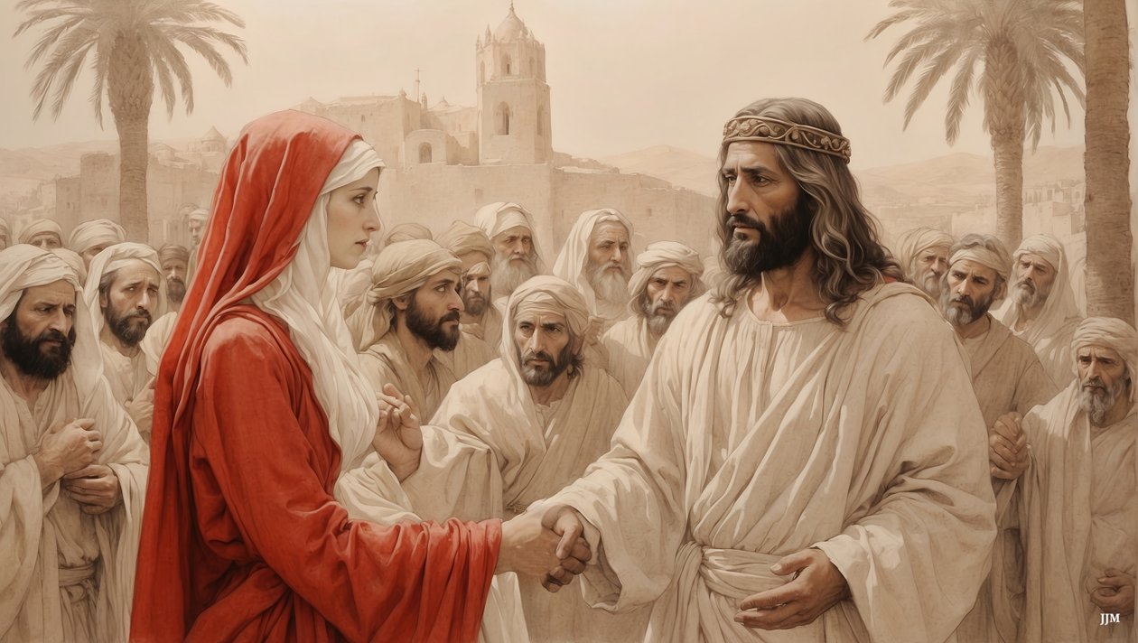 Jesus rettet die Ehebrecherin vor der Steinigung von Josef Johann Michel