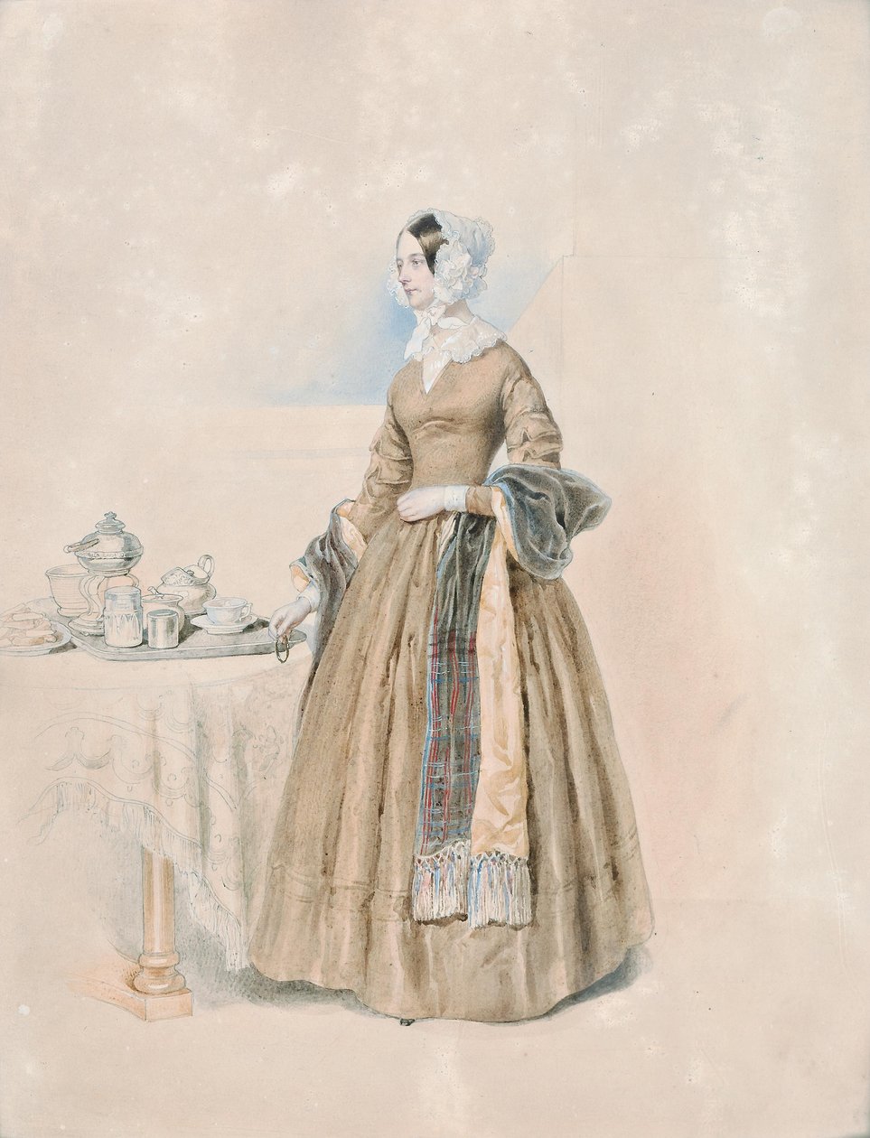 Bildnis der Fürstin Leopoldine Karoline Palffy, geb. Gräfin Kaunitz-Rietberg (Gemahlin des dritten Fürsten Anton Karl Palffy), an einem gedeckten Teetisch stehend von Josef Kriehuber
