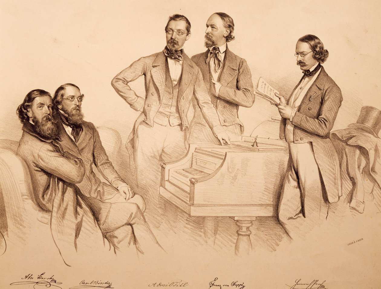 Gruppenporträt von Wiener Musikern und Komponisten: Franz von Suppé, Carl Binder, Anton Storch, Heinrich Proch und Anton Emil Titl, Lithographie von Josef Kriehuber von Josef Nikolaus Kriehuber