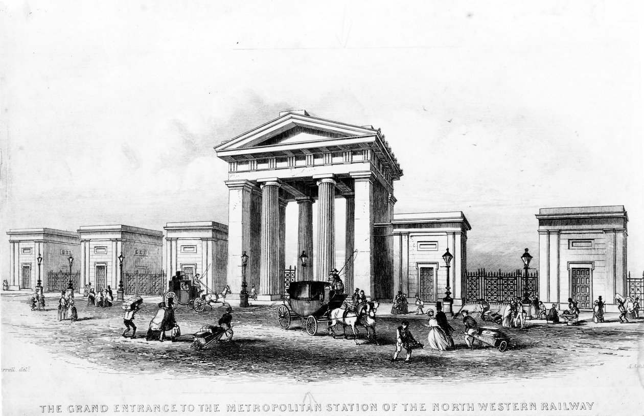 Der große Eingang der Metropolitan Station der North Western Railway, graviert von Alfred Ashley, ca. 1837 von Joseph Francis Burrel