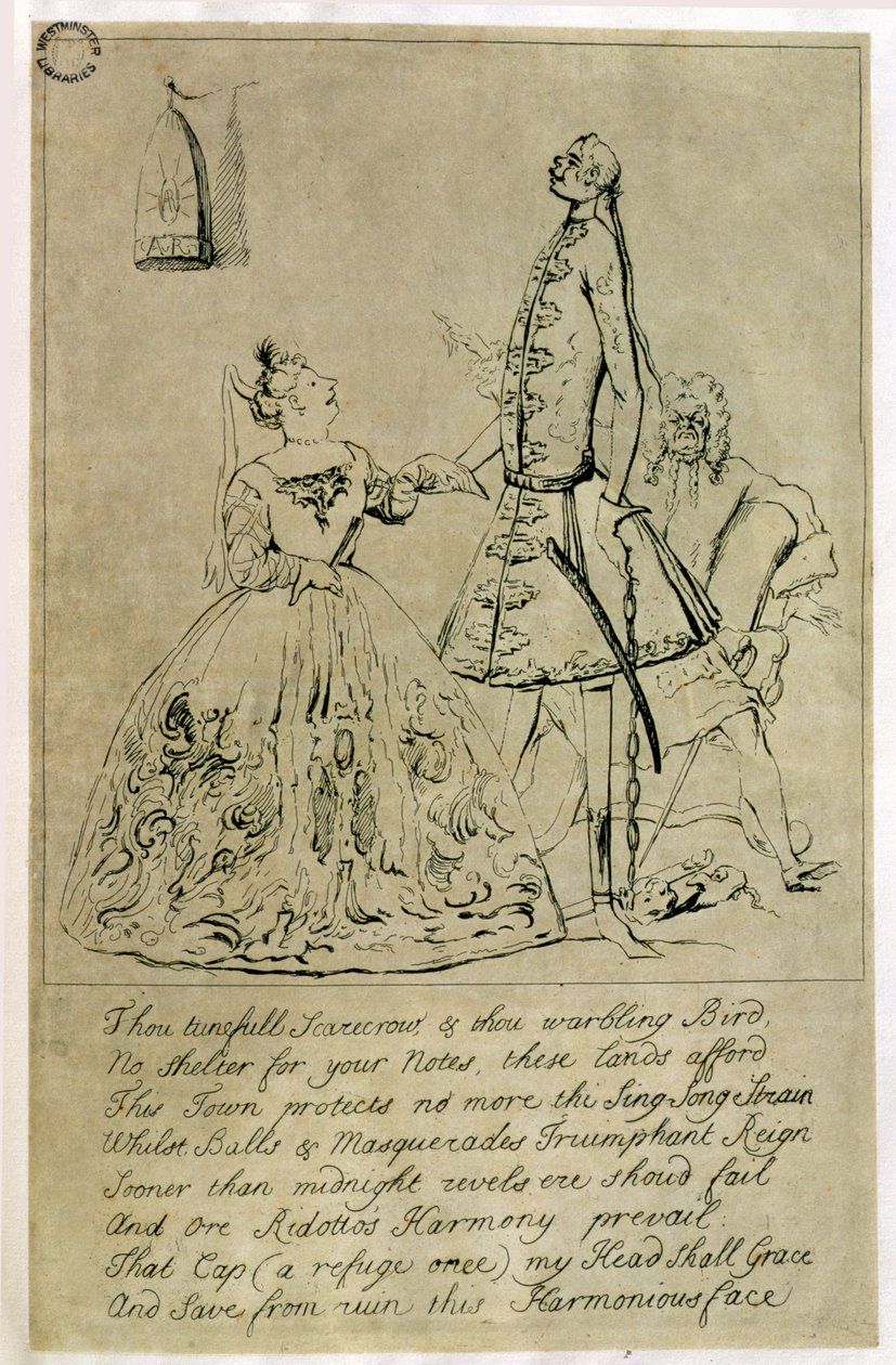 Du klingelnde Vogelscheuche und du singender Vogel, Karikatur von Farinelli, Cuzzoni und Heidegger, angeblich nach einem Entwurf der Gräfin von Burlington, 1730er Jahre von Joseph Goupy