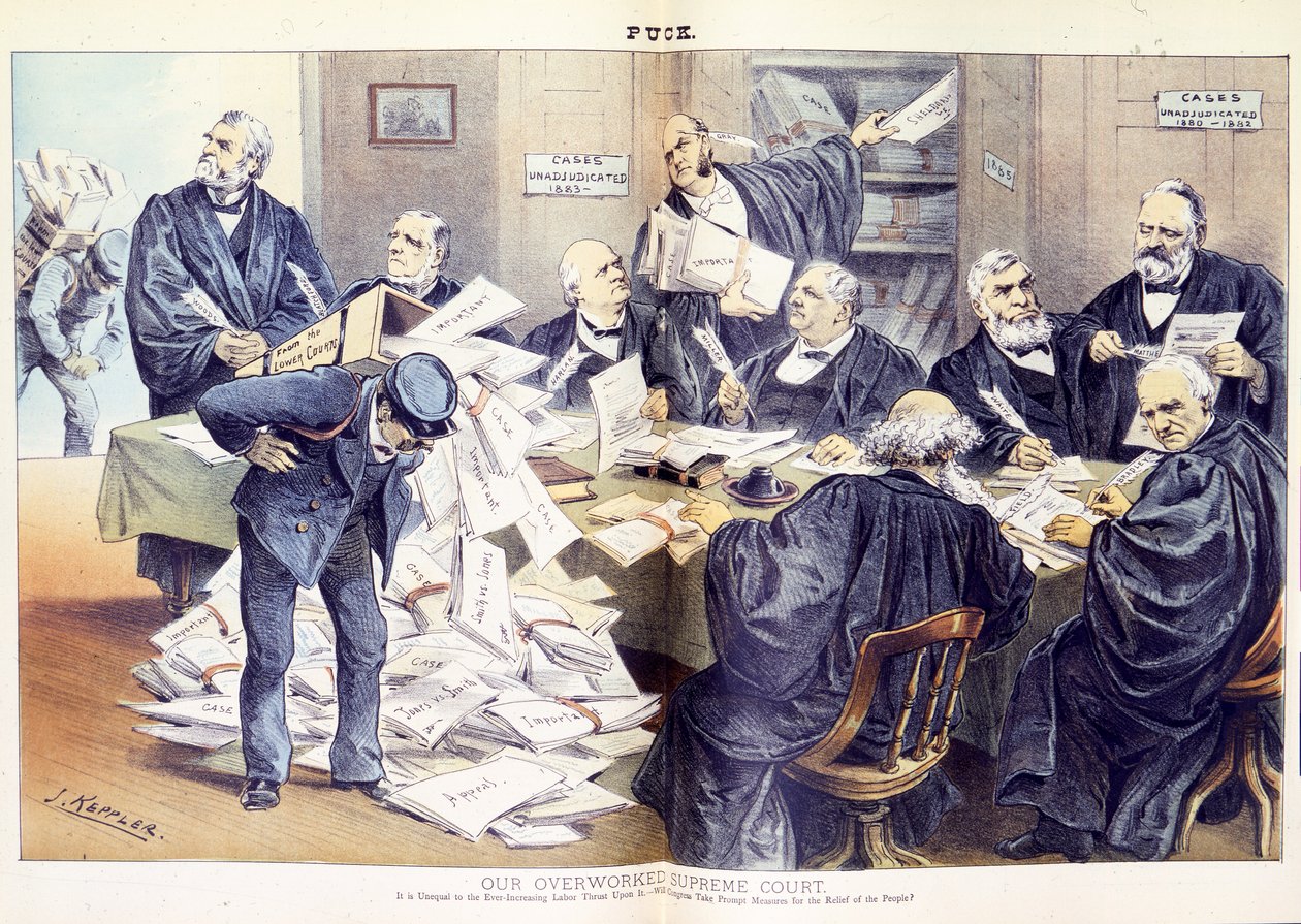 Unser überarbeiteter Oberste Gerichtshof: Er ist der ständig zunehmenden Arbeit nicht gewachsen - wird der Kongress schnelle Maßnahmen zur Entlastung des Volkes ergreifen, 1885 von Joseph Keppler