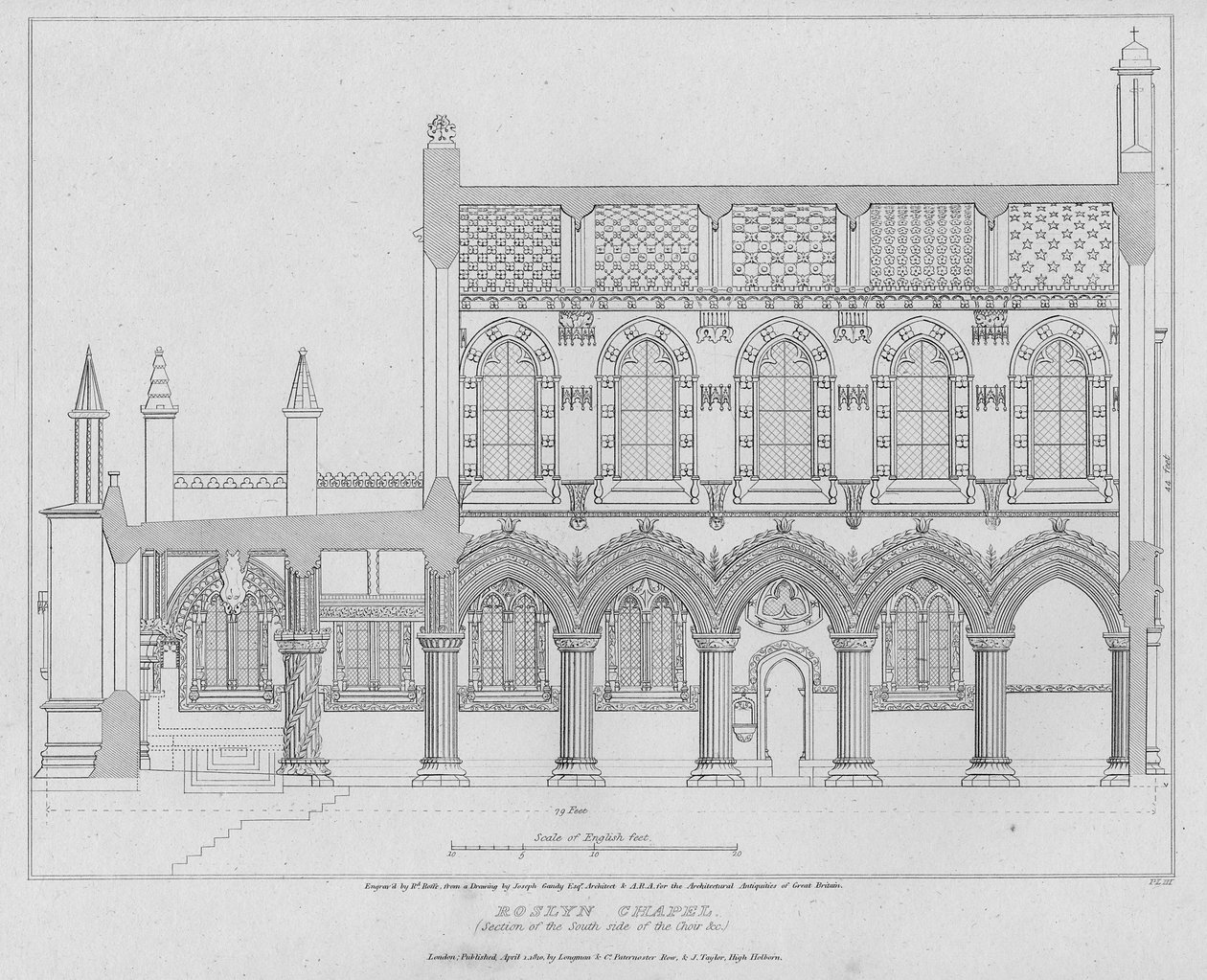 Roslyn Chapel, Abschnitt der Südseite des Chors, graviert von Richard Roffe, 1810 von Joseph Michael Gandy