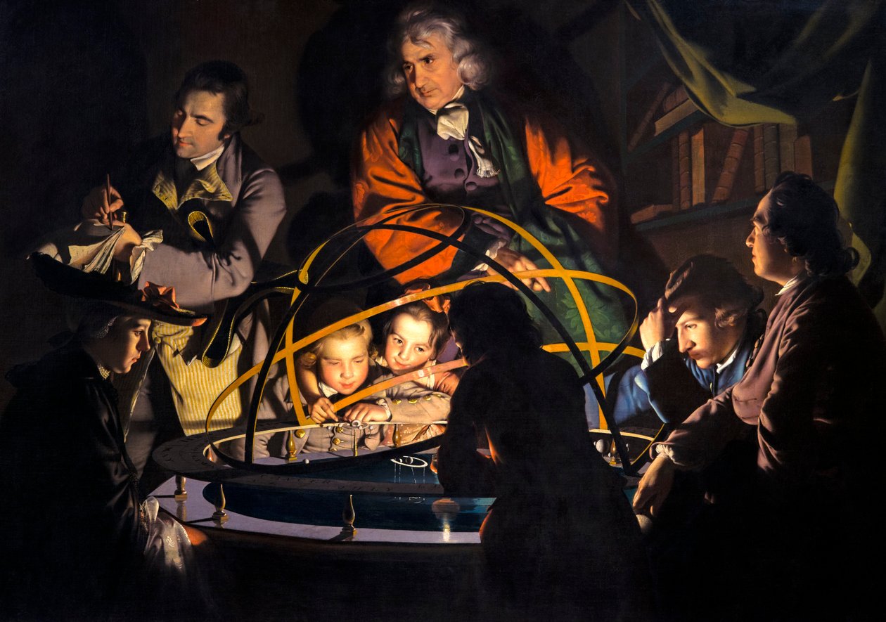 Ein Philosoph gibt eine Vorlesung über das Planetarium, in dem eine Lampe anstelle der Sonne eingesetzt wird oder Das Planetarium von Joseph Wright of Derby