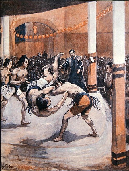 Traditionelles japanisches Wrestling: Sumoringer zeigen ihre Kunst auf der Japanischen Ausstellung in London 1910 von Joseph (after) Finnemore