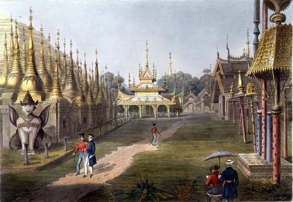 Szene auf der Terrasse der Großen Dagon-Pagode in Rangoon, Blick nach Norden, Platte 5 aus 