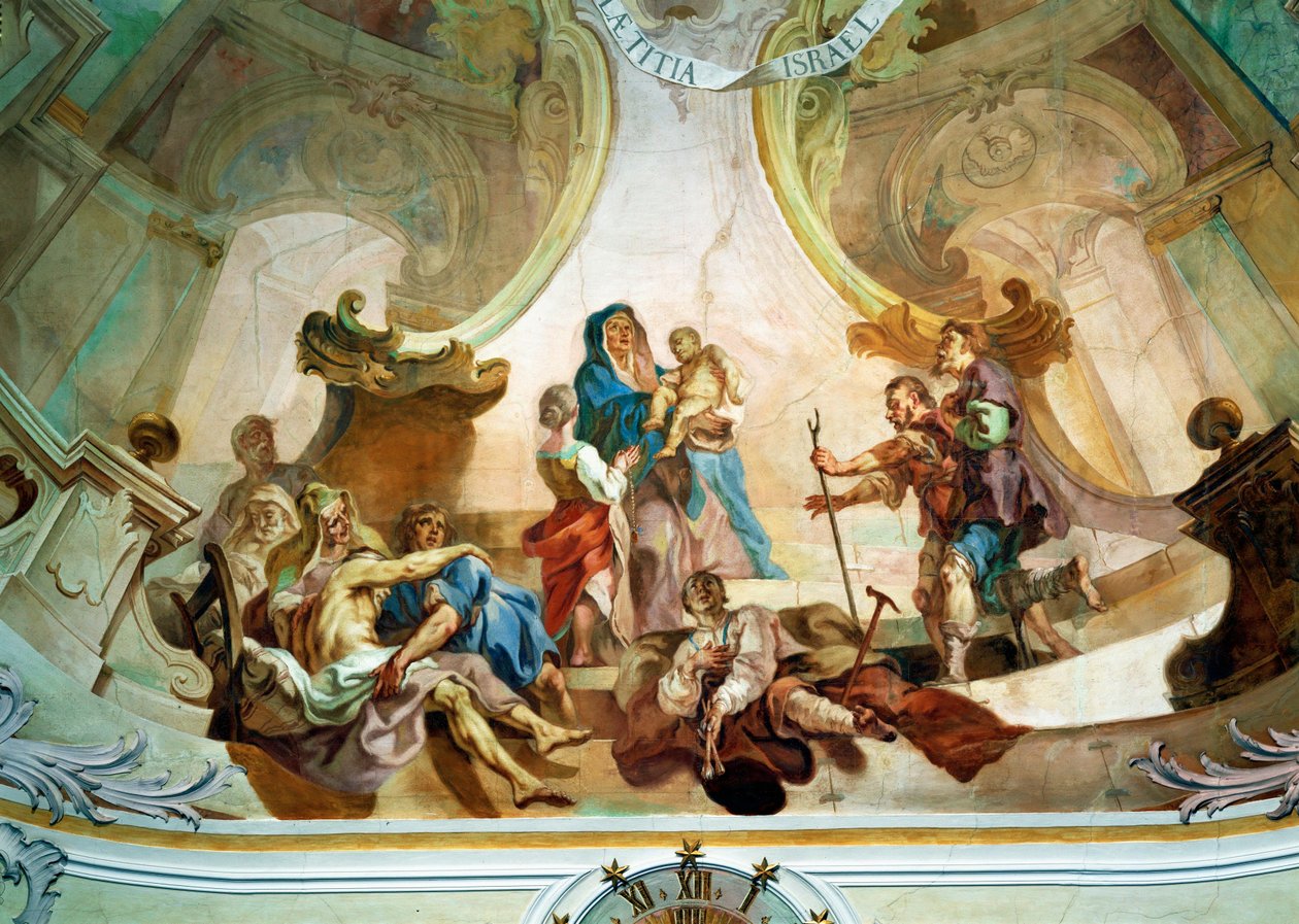 Deckenfresko in der Birnau-Kirche: direkt unter der Anbetung der Hirten, ein Selbstporträt des Künstlers mit bandagiertem Bein von Joseph Anton (1696 1770) Feuchtmayer