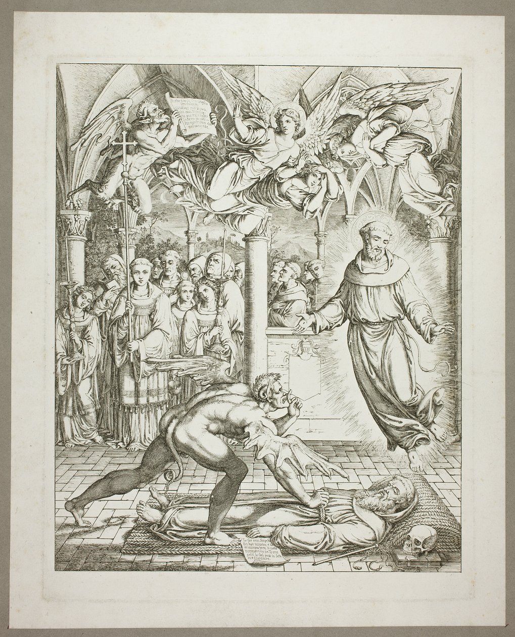 Der Kampf zwischen dem Teufel und dem heiligen Franziskus von Assisi um die Seele von Guido da Montefeltro, Tafel drei aus Darstellungen aus Dantes Hölle von Joseph Anton Koch