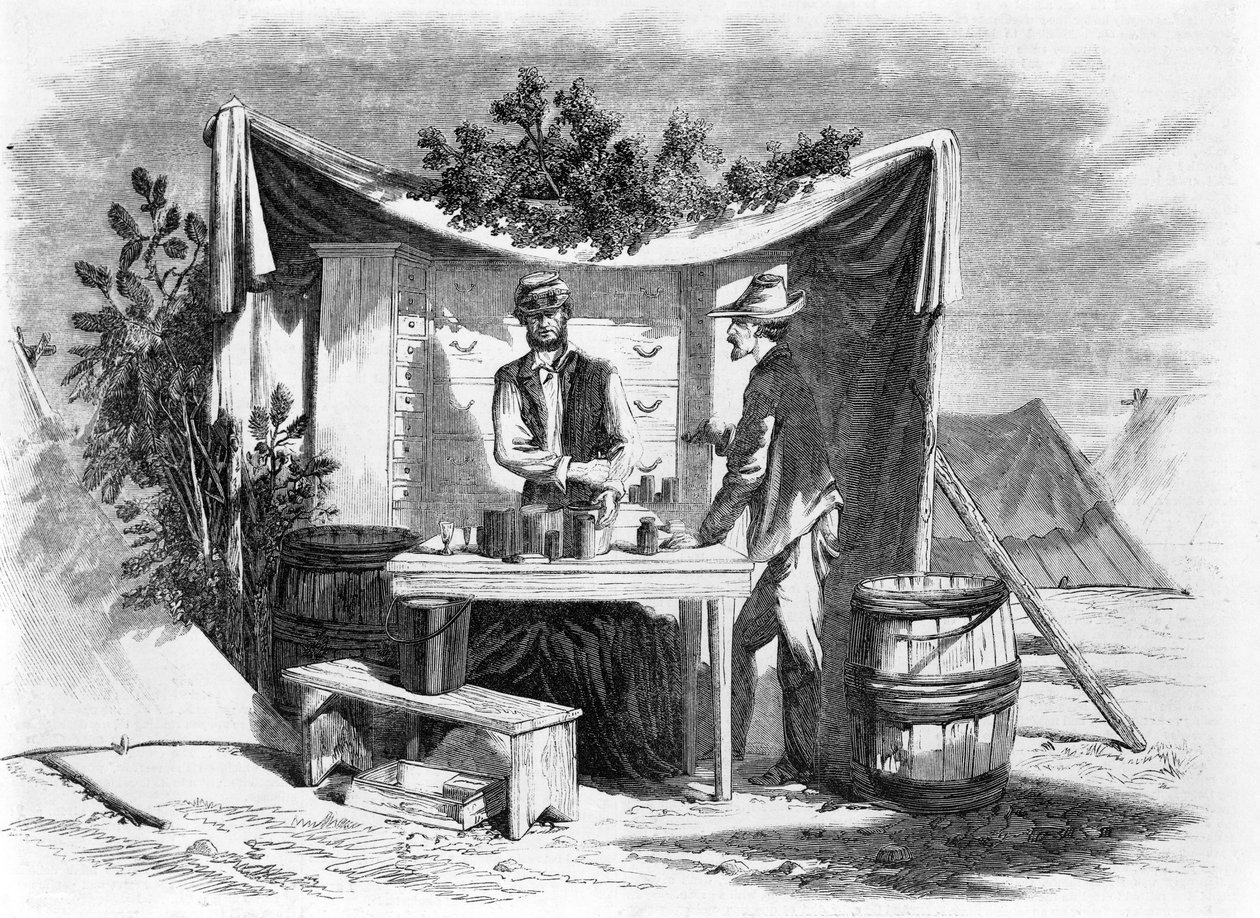 Lagerszenen - eine Armeedrogerie - der Krankenhausverwalter, nach einer Skizze unseres Spezialkünstlers Joseph Becker, veröffentlicht 1864 von Joseph Becker