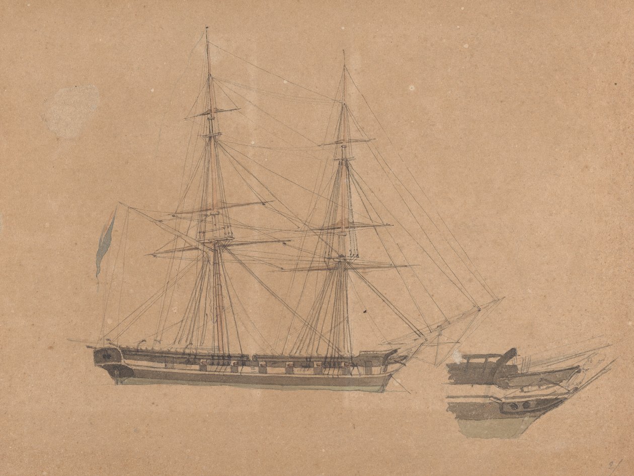 Seitenansicht einer einzelnen Brigg und Bug einer anderen von Joseph Cartwright