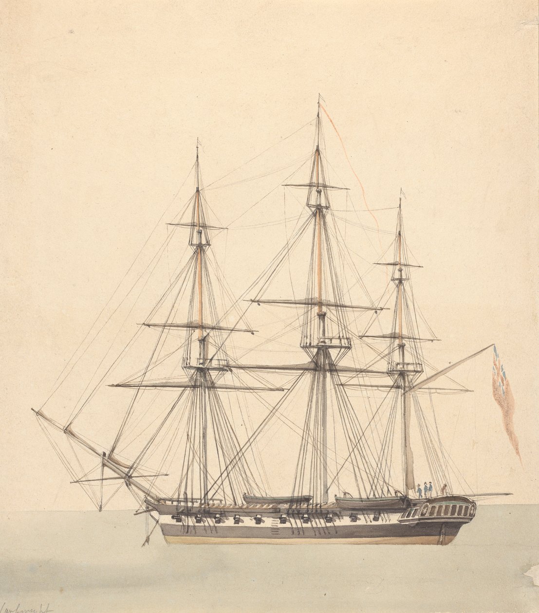 Einzelne Korvette (?) mit drei Figuren in Marineuniformen und Union Jack von Joseph Cartwright