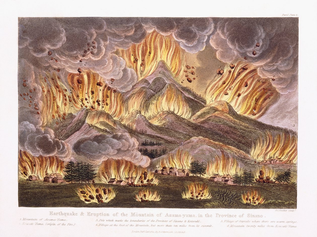 Erdbeben und Ausbruch des Berges Asama-yama in der Provinz Sinano, 1822 von Joseph Constantine Stadler