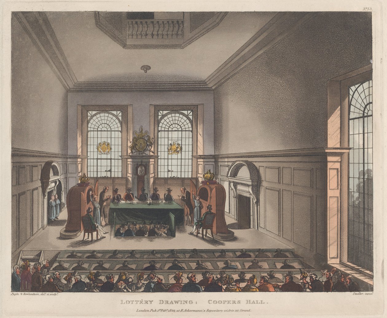 Lotterieziehung, Coopers Hall, 1. Februar 1809 von Joseph Constantine Stadler