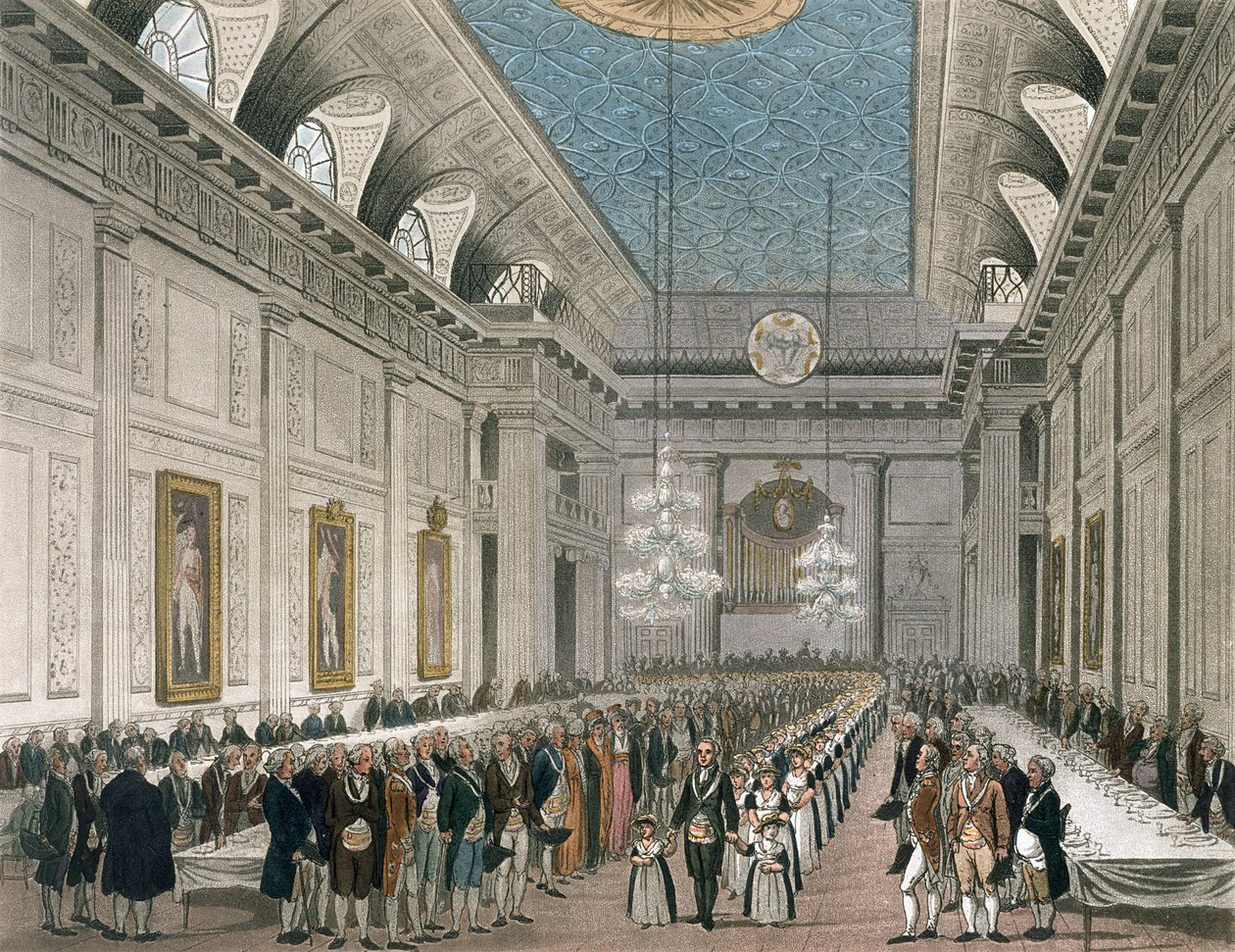 Die Prozession in der Freimaurerhalle, Queen Street, anlässlich des jährlichen Abendessens für junge Mädchen, unterstützt vom Orden, aus Ackermanns 