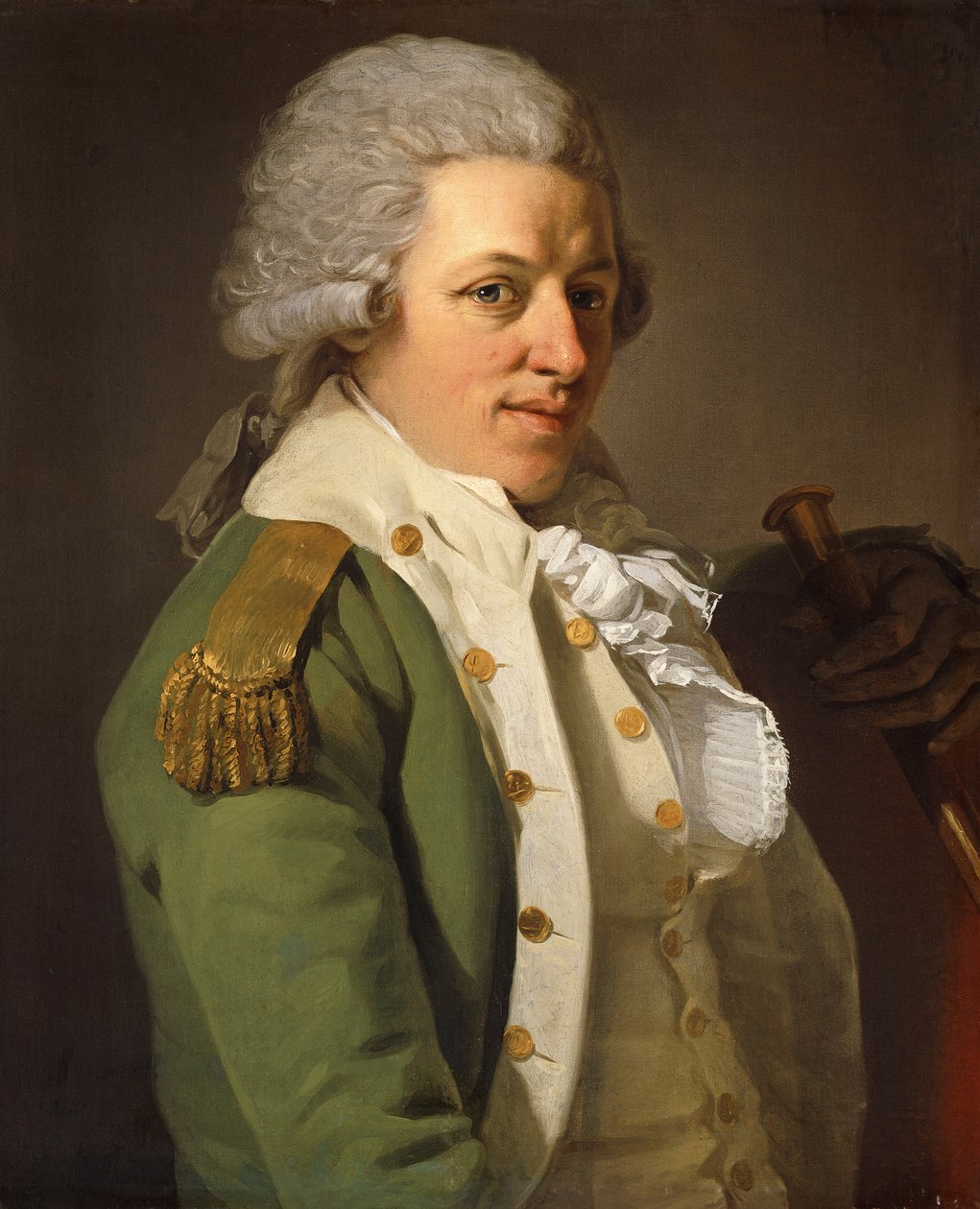 Porträt des Künstlers, Halbfigur, in einer grünen Jacke und mit einem Stock von Joseph Ducreux