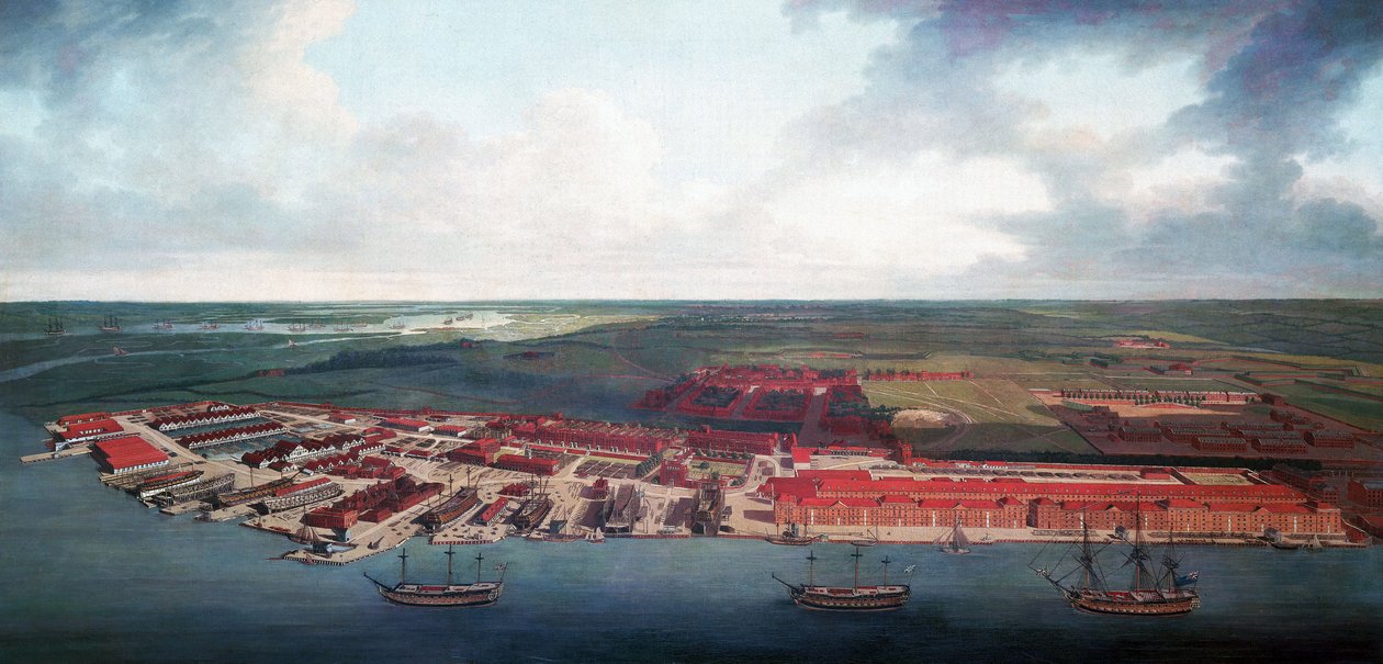 Chatham Werft (England), dank seiner geografischen Lage war Chatham im 17. Jahrhundert der wichtigste Hafen der britischen Royal Navy, im 18. Jahrhundert wurde es dann ein wichtiges Reparatur- und Wartungszentrum von Joseph Farington