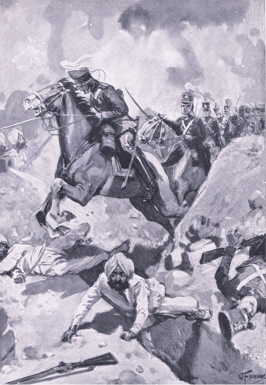 Sobraon: Sir Joseph Thackwell führt die 3. Leichten Dragoner in Einzelreihe durch einige Sikh-Erdwerke, Illustration aus British Battles on Land and Sea, 1915 von Joseph Finnemore