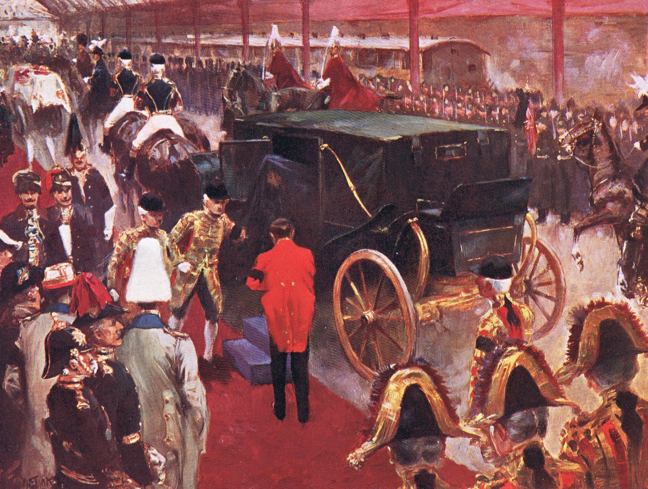 Die Ankunft Ihrer Majestät Königin Alexandra am Bahnhof Paddington anlässlich der Beerdigung ihrer verstorbenen Majestät Königin Victoria am 2. Februar 1901, Illustration aus Cassells Geschichte Englands, 1900er Jahre von Joseph Finnemore