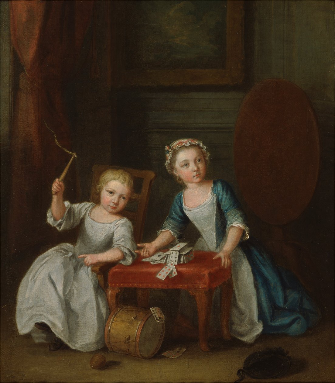 Zwei Kinder der Nollekens-Familie, wahrscheinlich Jacobus und Maria Sophia, spielen mit einem Kreisel und Spielkarten, 1745 von Joseph Francis Nollekens