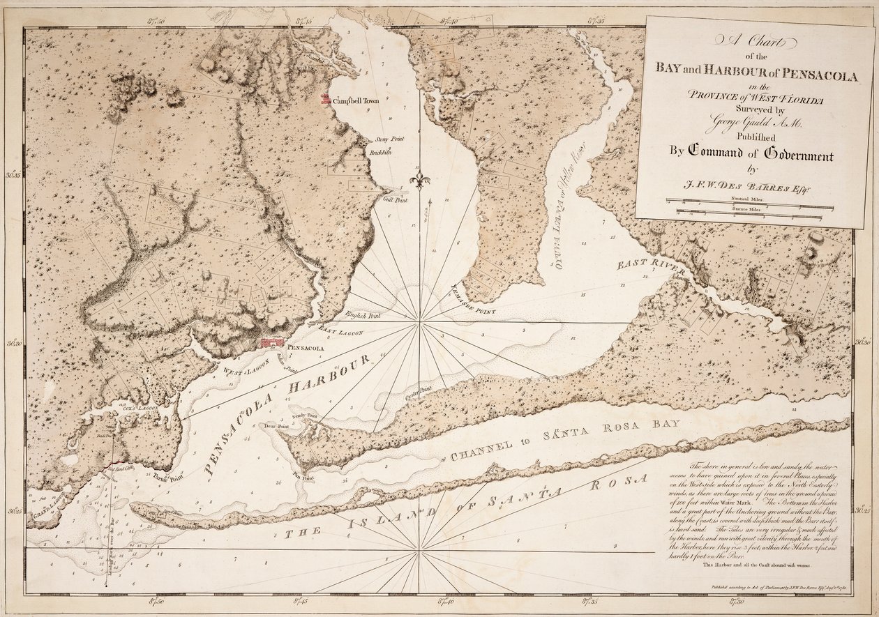 Eine Karte der Bucht und des Hafens von Pensacola in der Provinz Westflorida von Joseph Frederick Wallet DesBarres