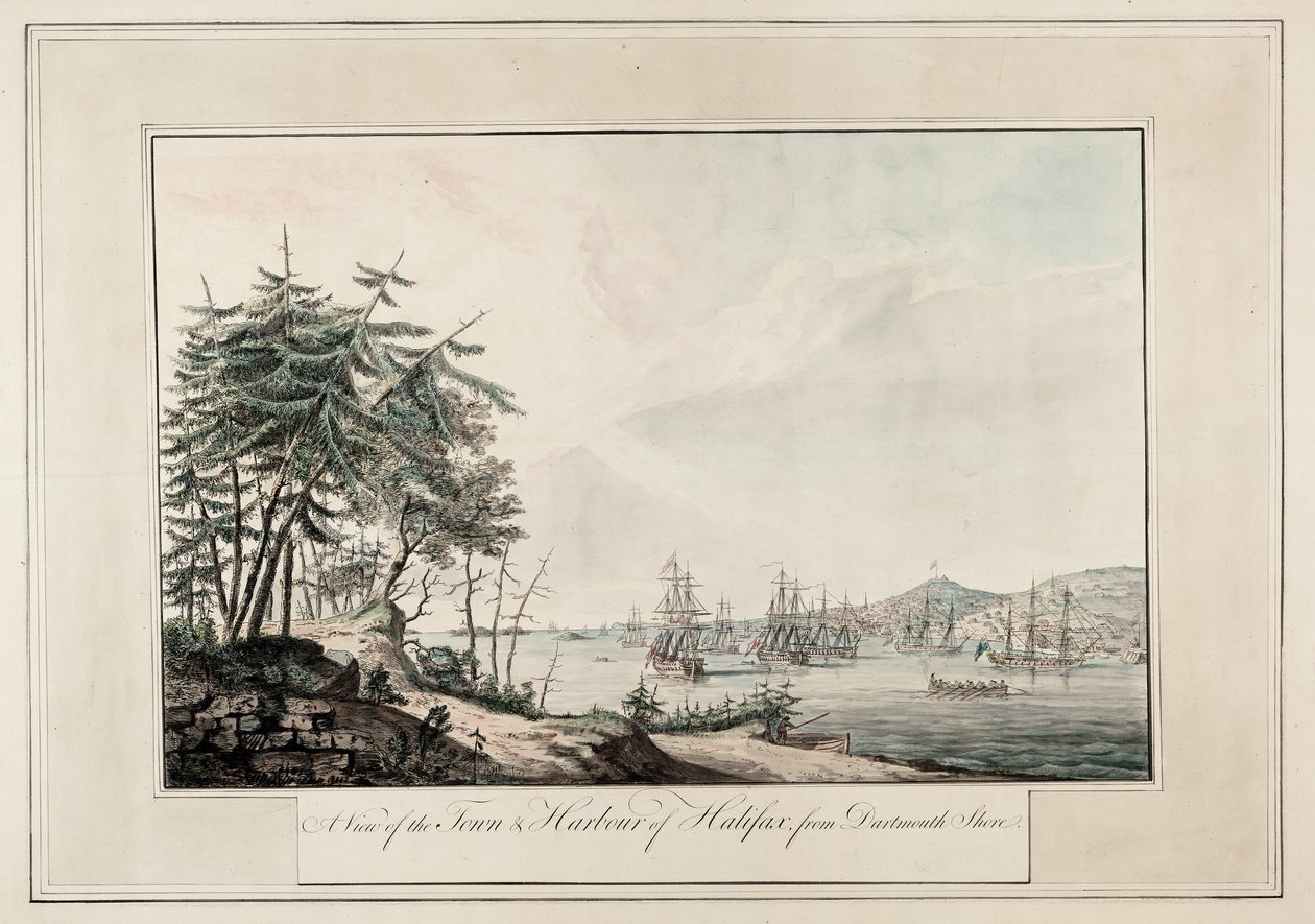 Ein Blick auf die Stadt und den Hafen von Halifax, vom Dartmouth-Ufer, um 1777 von Joseph Frederick Wallet DesBarres