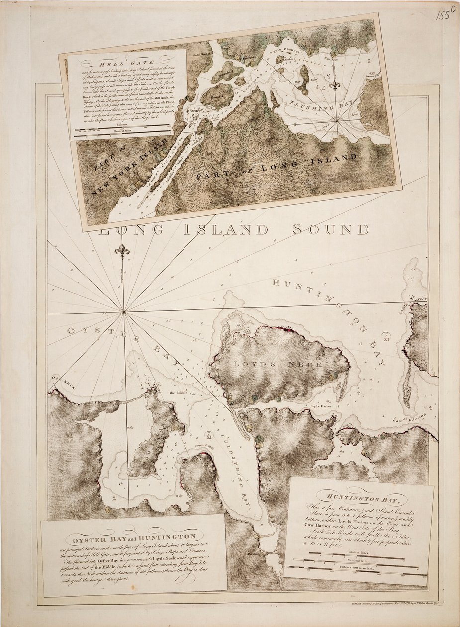 Karte von Oyster Bay und Huntington Bay, Long Island Sound von Joseph Frederick Wallet DesBarres