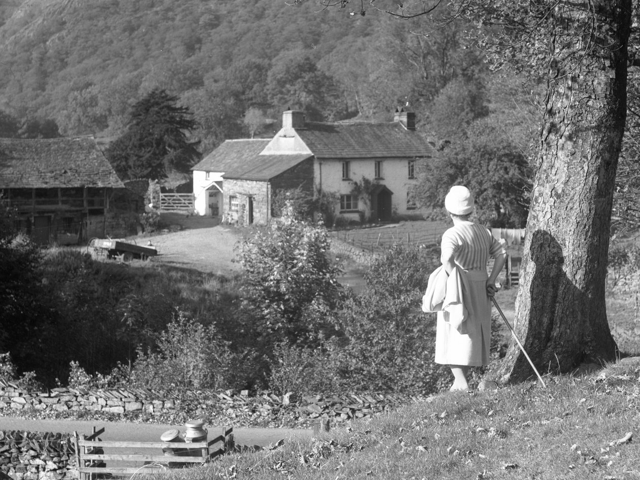 Eine Frau steht neben einem Baum mit dem Rücken zur Kamera und blickt auf Yew Tree Farm von Joseph Hardman