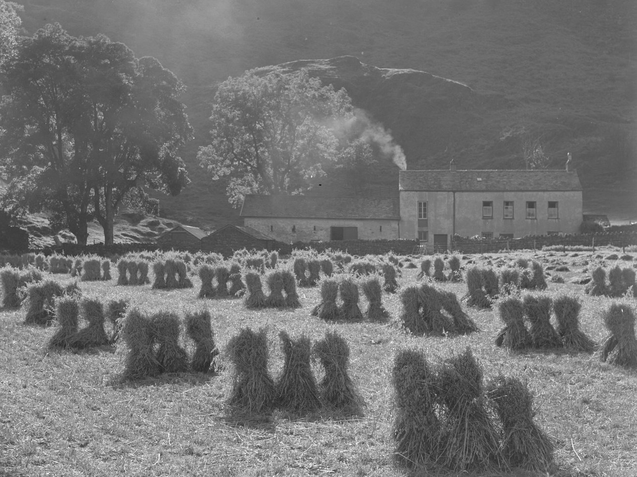 Getreidegarben im Vordergrund mit Bauernhaus im Hintergrund von Joseph Hardman