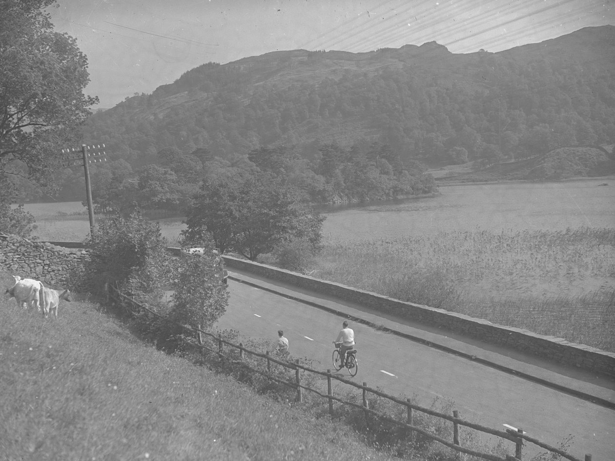 Blick auf eine Straße entlang Rydal Water, mit Menschen auf Fahrrädern, Vieh und Hügeln von Joseph Hardman