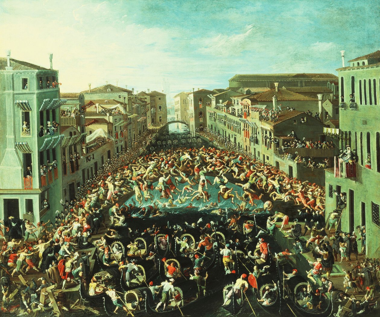 Der Kampf zwischen den Nicolotti und den Castellani auf der Ponte dei Pugni, Venedig, 1673 von Joseph Heintz