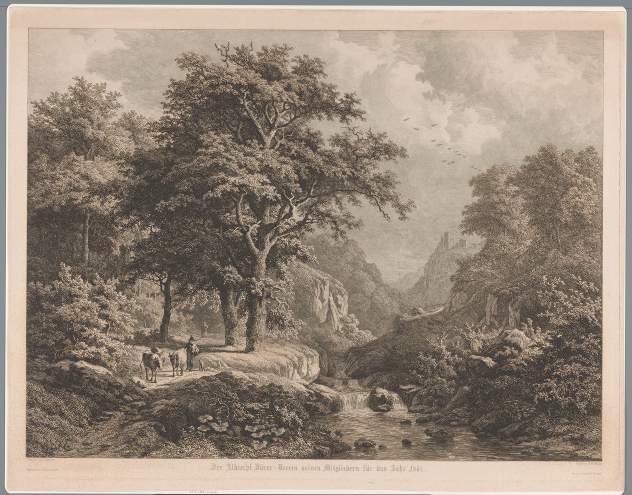 Bergige Landschaft mit Wasserfall, links ein Junge mit drei Kühen und einem Hund von Joseph Hubert Blees