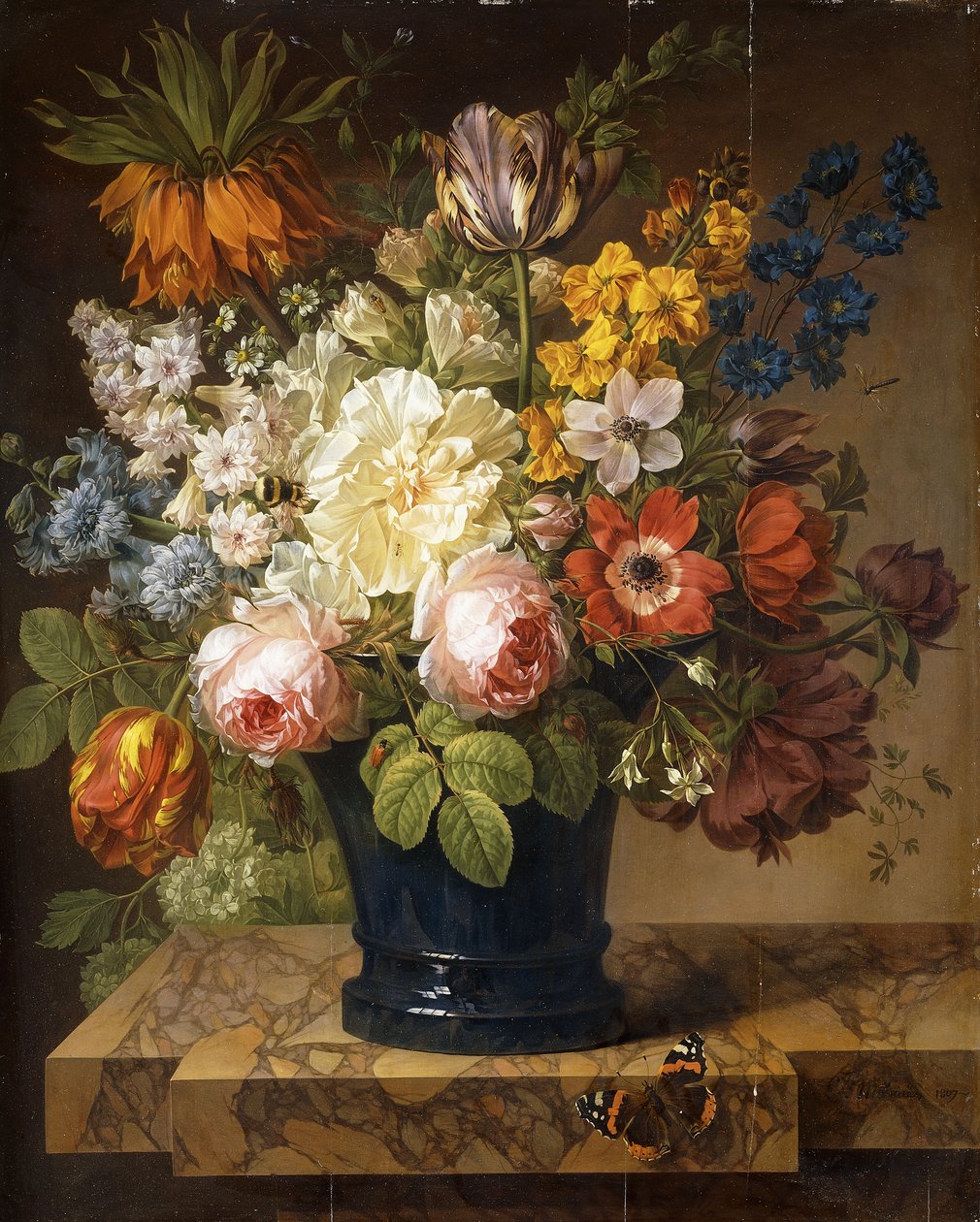 Blumen in einer Vase auf einem Marmorsims mit einem Admiral, einer Hummel, zwei Käfern und einer Libelle, 1807 von Joseph Laurent Malaine