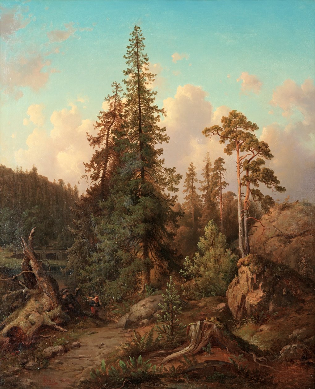Waldlandschaft mit Frau, die Holz sammelt von Joseph Magnus Stäck