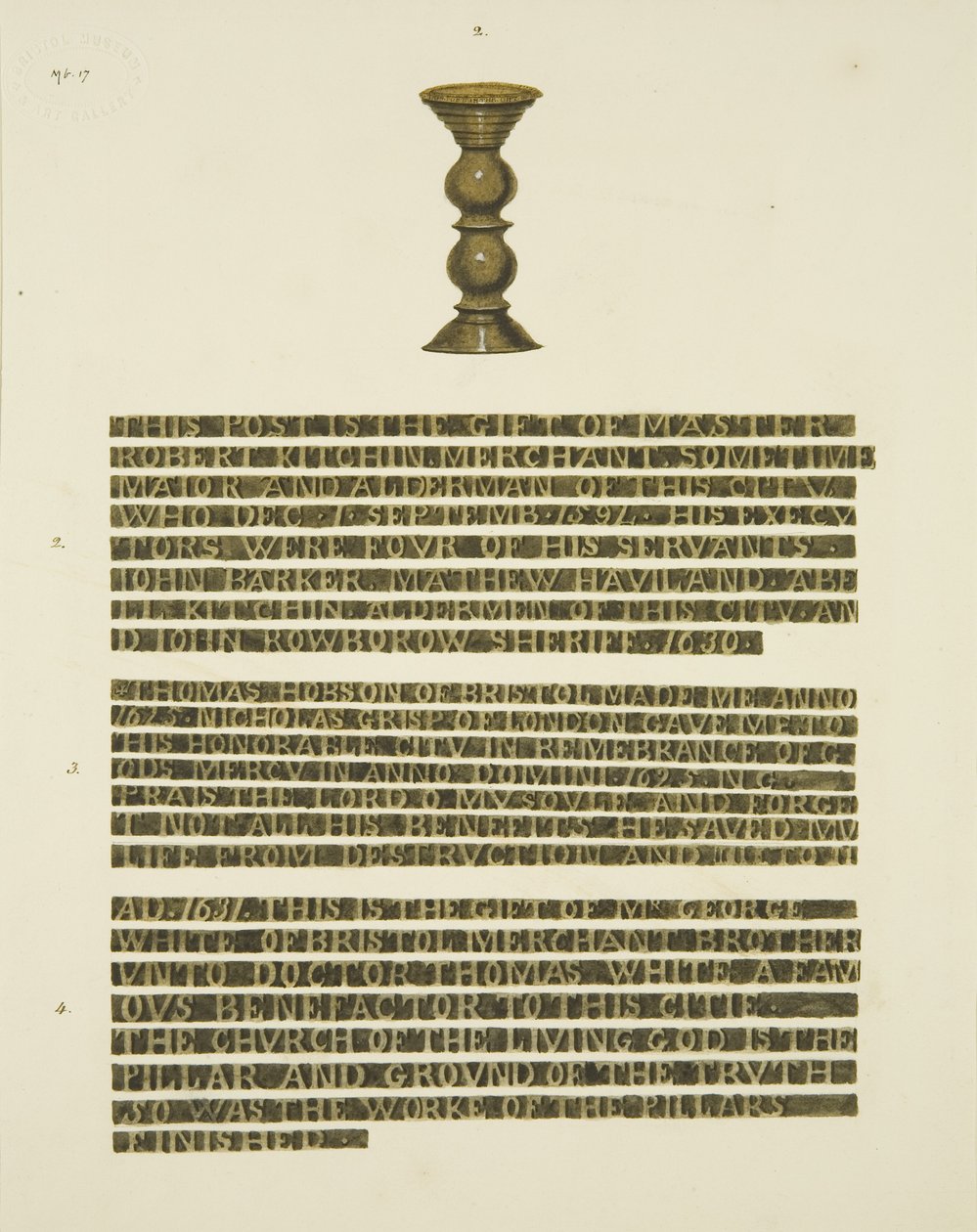 Bronzesäule (Nägel) Nr. 2, mit Inschriften von Nr. 2, 3 und 4 von Joseph Manning