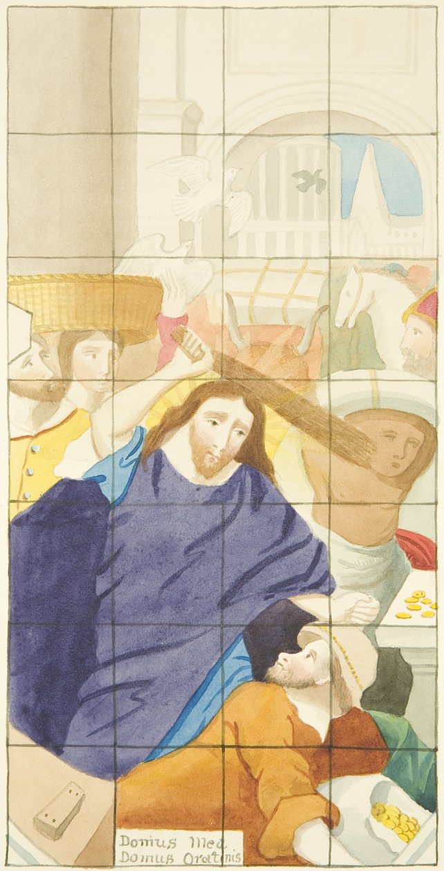 Buntglasfenster am Ostende des Südschiffs der Kathedrale von Bristol, das Käufer und Verkäufer im Tempel zeigt von Joseph Manning