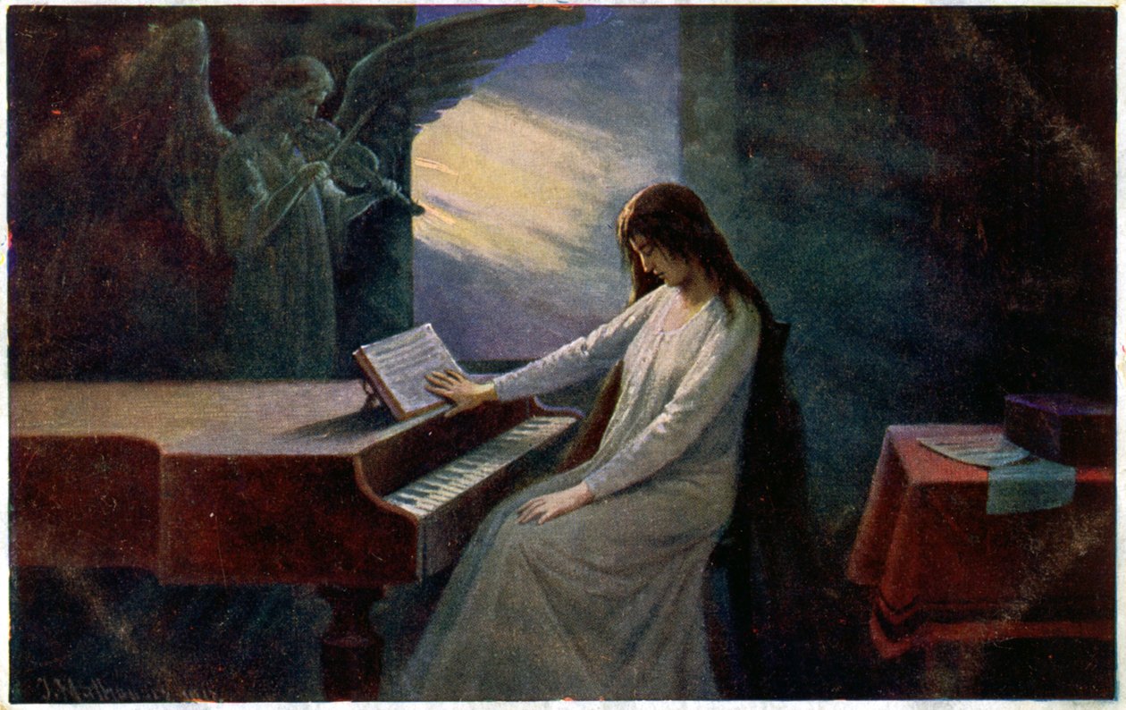 Musik. Der letzte Akkord. Sterbende Dame am Klavier. Illustration von Josef Mathauser, Tschechien, ca. 1910 (Postkarte) von Joseph Mathauser