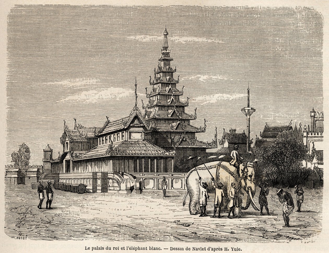 Der Palast des Königs von Ava in Amarapoura (heutiges Burma), Zeichnung von Navlet zur Illustration der Reise ins Königreich Ava im Jahr 1855 von Kapitän Henri Yule vom Bengalischen Genie-Korps. Gravur in „Le tour du monde, nouveau journal des voyages“ von Joseph Navlet