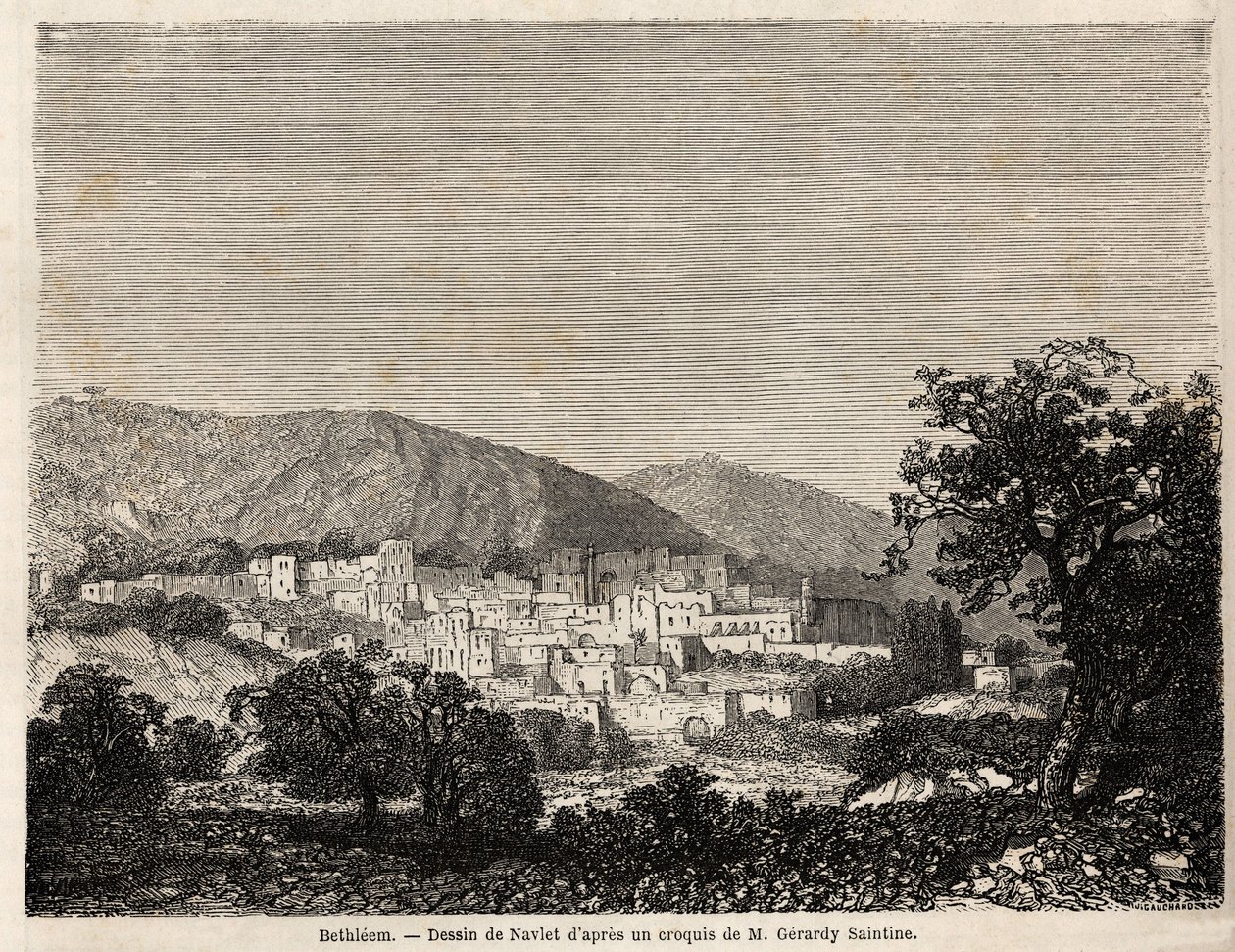 Ansicht von Bethlehem, Zeichnung von Joseph Navlet (1821-1889), zur Illustration von Mr. Bidas Reise nach Palästina im Jahr 1856. Gravur in „Le tour du monde, nouveau journal des voyages“ Paris von Joseph Navlet