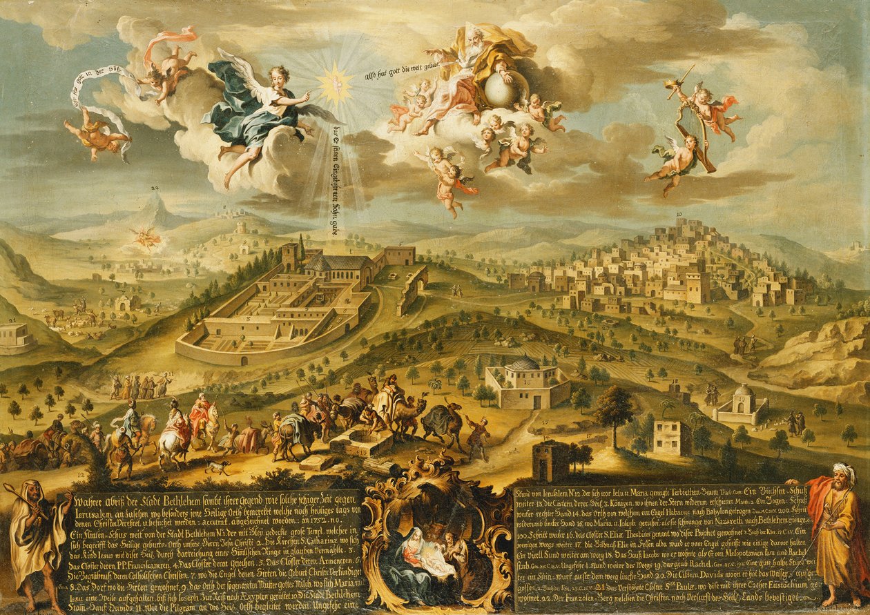 Ein Blick auf Bethlehem mit der Reise der Weisen, der Dreifaltigkeit oben und der Geburt in einer gemalten Kartusche unten, 1752 von Joseph Stephan