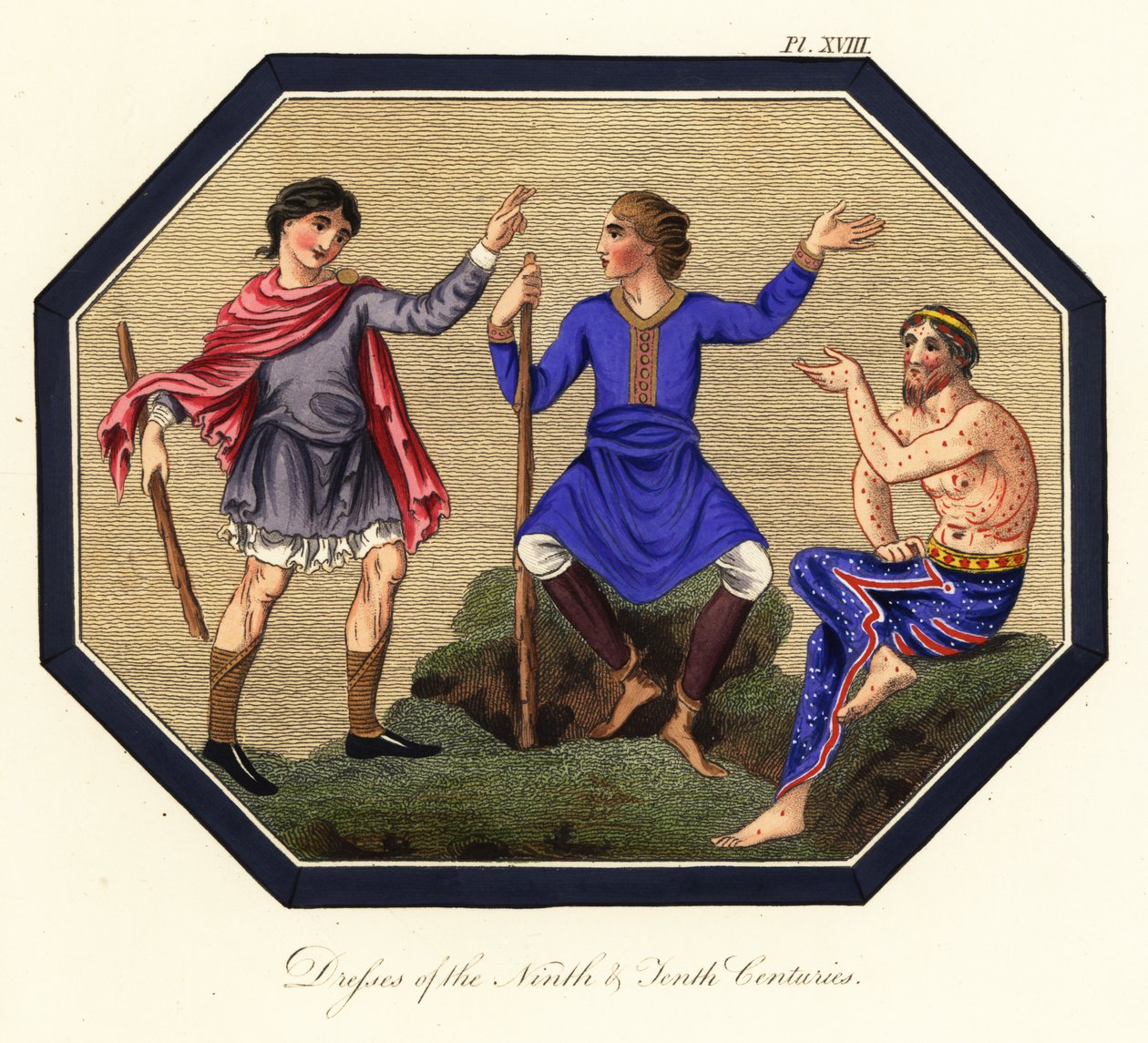 Angelsächsische Männerkostüme, 9. und 10. Jahrhundert (Kupferstich) von Joseph Strutt