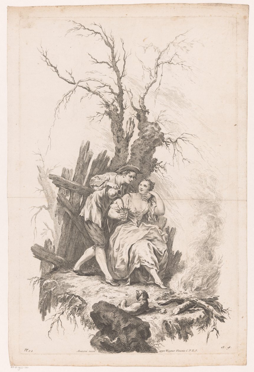 Man und Frau mit Hund am Feuer von Joseph Wagner (possibly)