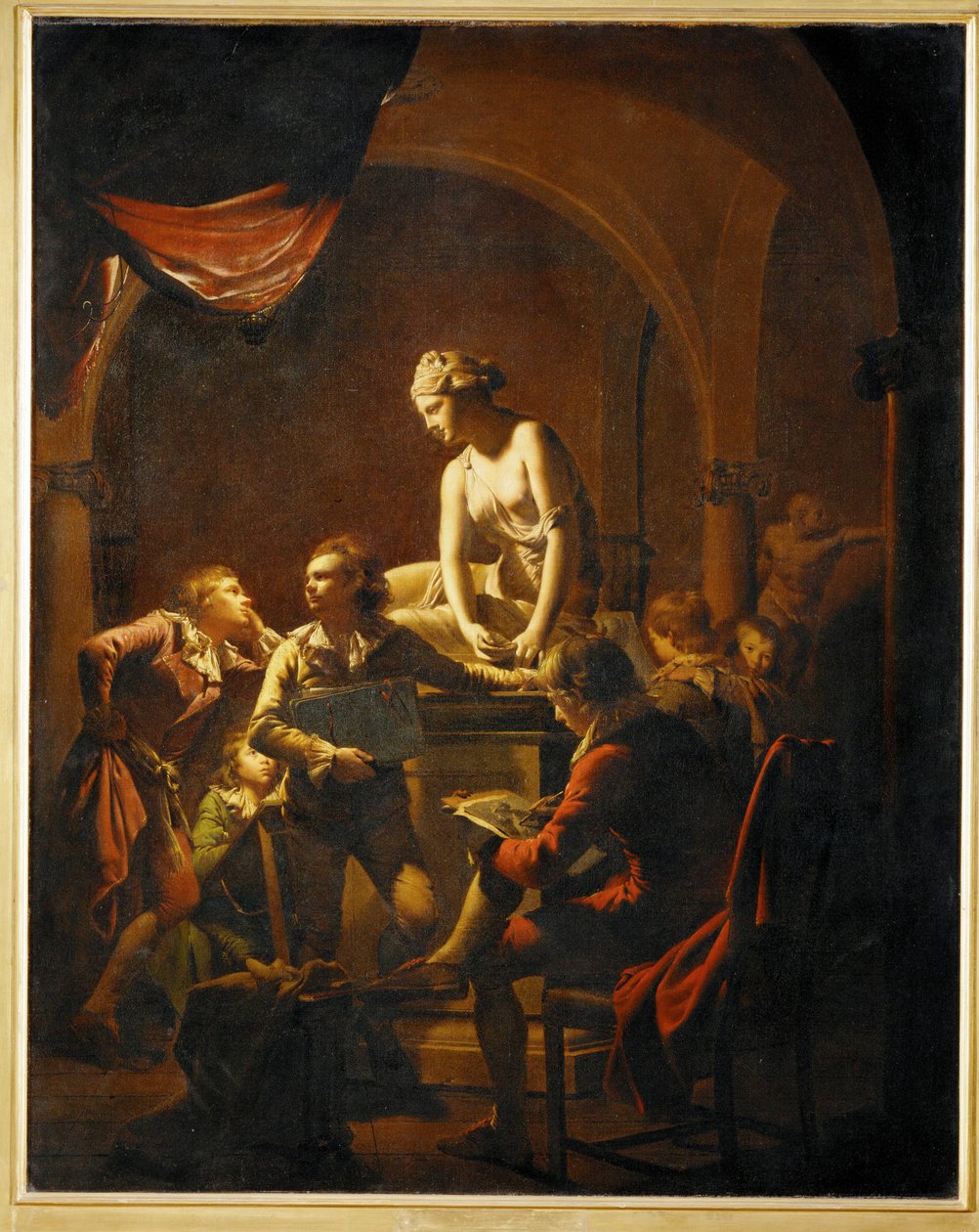 Eine Klasse in einer Malerakademie um einen Gipsabguss der Nymphe mit Muschel von Joseph Wright of Derby