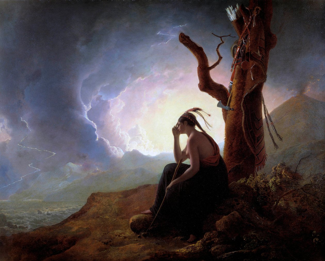 Die Witwe eines indischen Häuptlings wacht über die Waffen ihres Mannes von Joseph Wright of Derby
